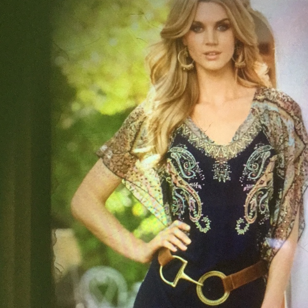 Boston Proper Paisley Sheer Embellished Top Sz Lrg